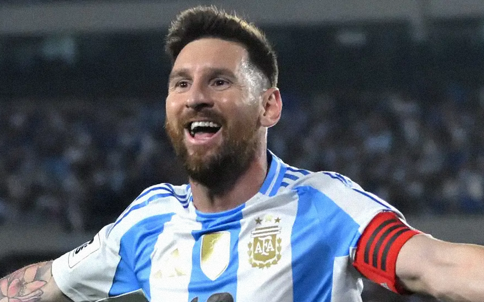Lionel Messi celebrating for Argentina after breaking the men’s World Cup goalscoring record.