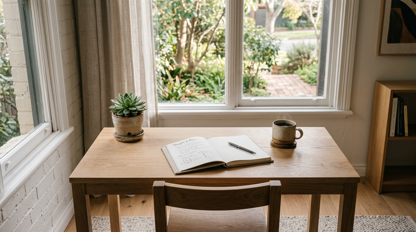 Wooden desk with open notebook, pen, coffee mug, and potted succulent by bright window