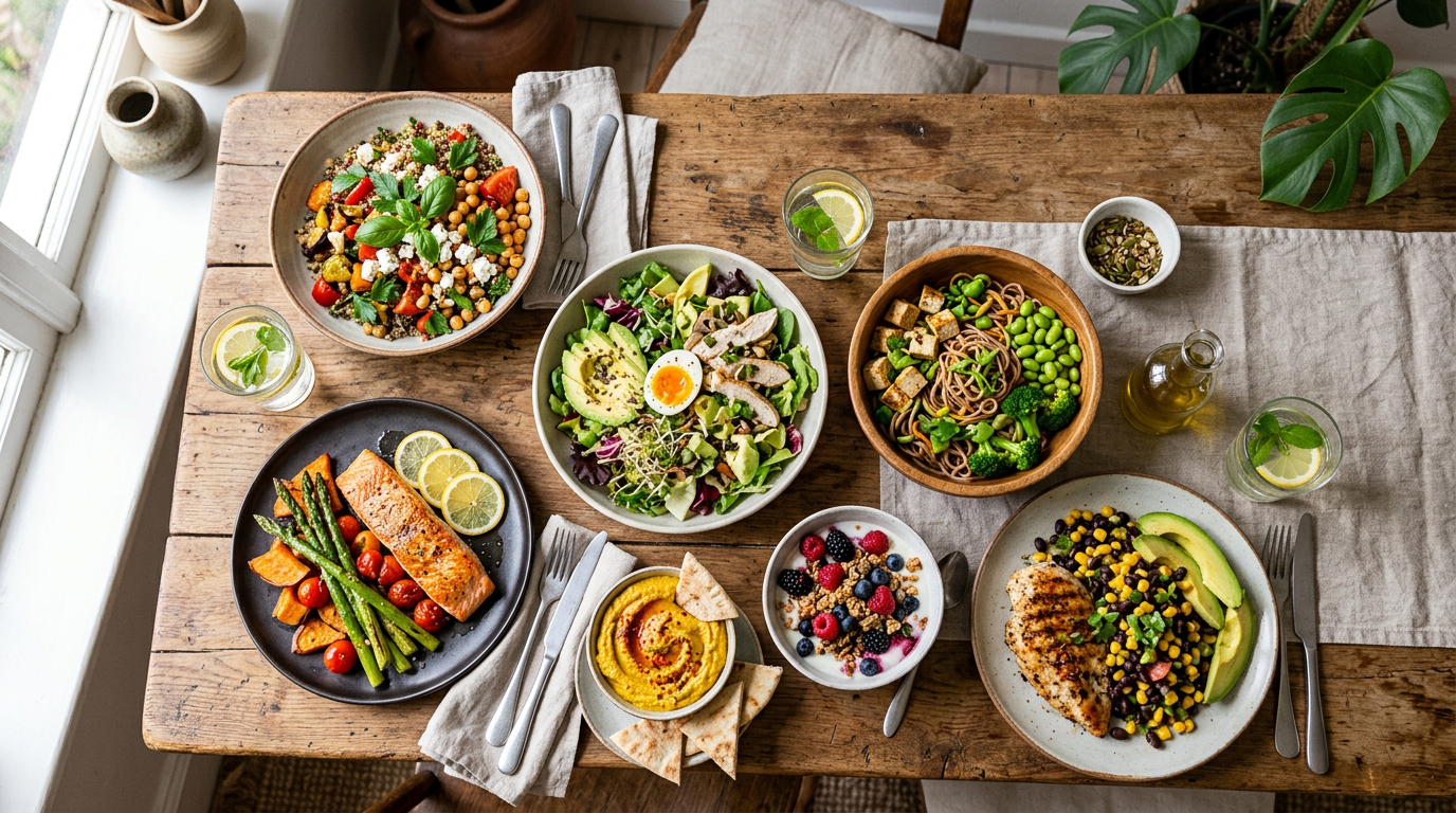 Variety of healthy meals on wooden table