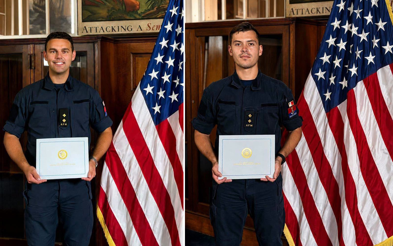 Lieutenant Matthew Aquilina and Lieutenant Miguel Cauchi of the Armed Forces of Malta after completing a U.S. Coast Guard command course in Connecticut.
