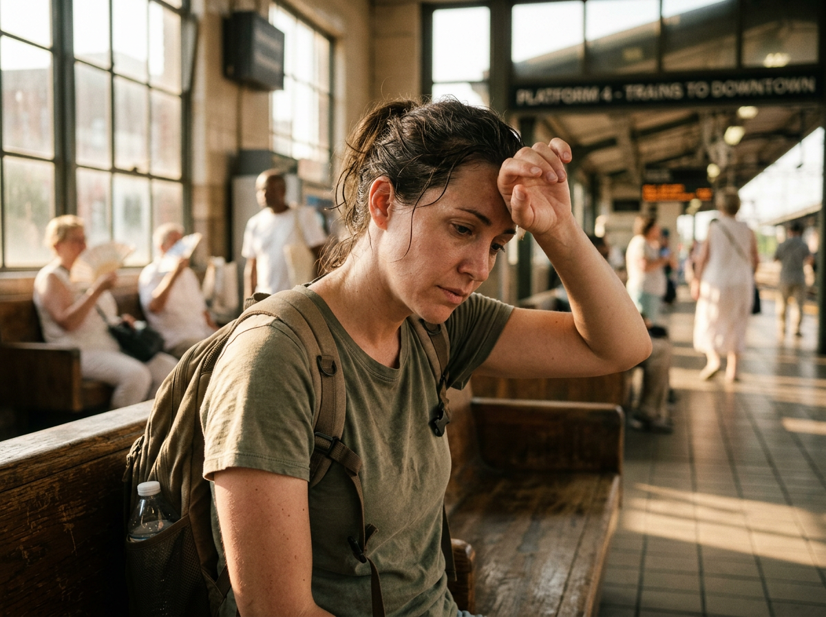 Woman sitting on wooden bench at train station looking tired with hand on forehead